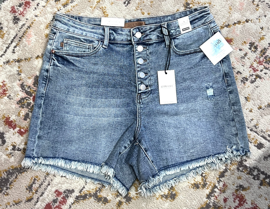 Judy Blue High Waist Button Fly Destroy Hi-Lo Fray Hem Shorts