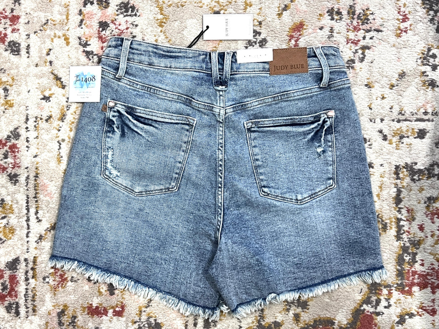 Judy Blue High Waist Button Fly Destroy Hi-Lo Fray Hem Shorts