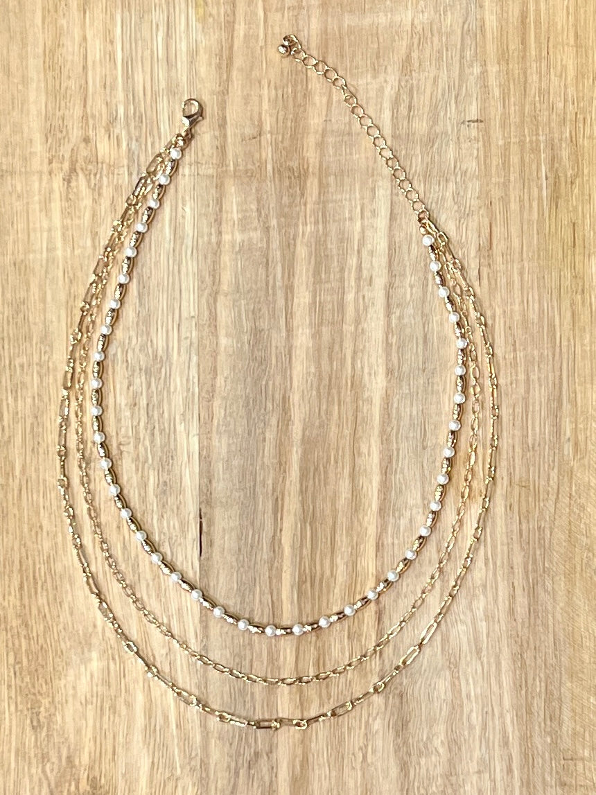 Triple Strand Gold-N-Pearls Necklace