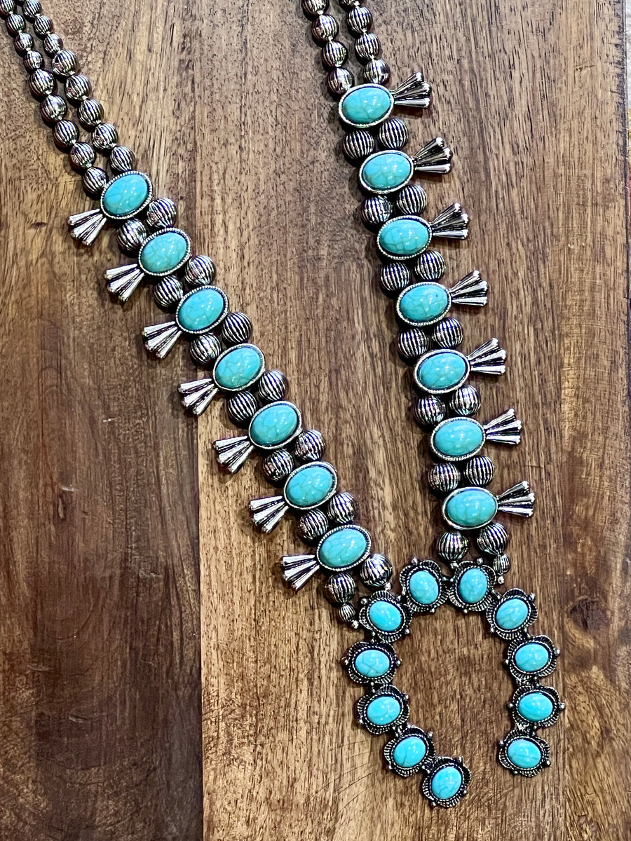 Halona Southwestern Blue Turquoise Stone Squash Blossom Necklace