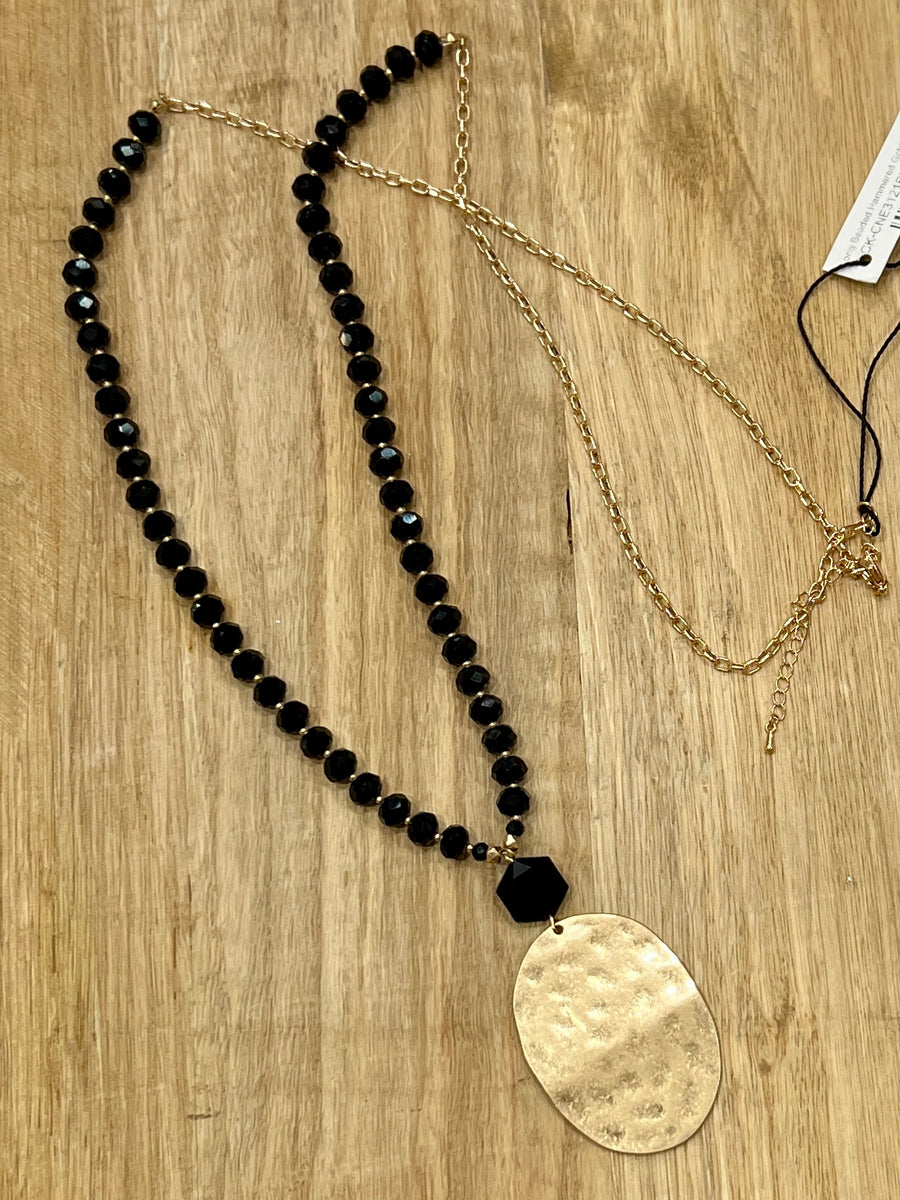 Long Beaded Hammered Gold Pendant Necklace