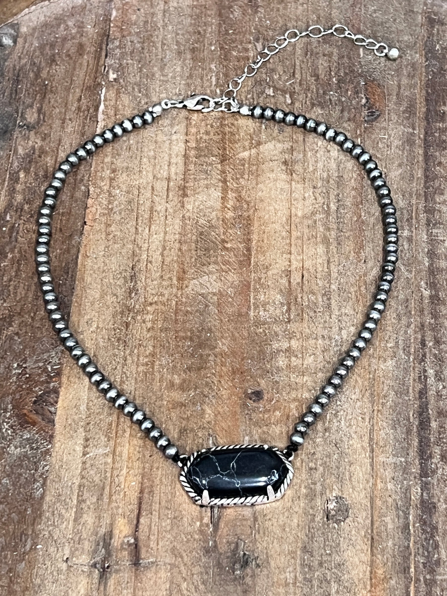 Lakota Faux Navajo Pearls Black Turquoise Necklace