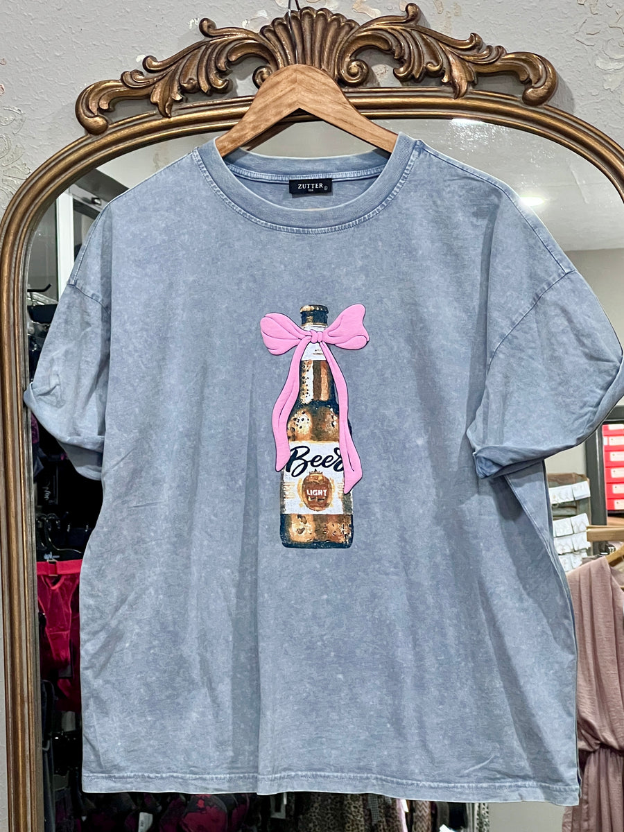 Puff Coquette Bow Beer Graphic Short Sleeve Snow Dye Tee