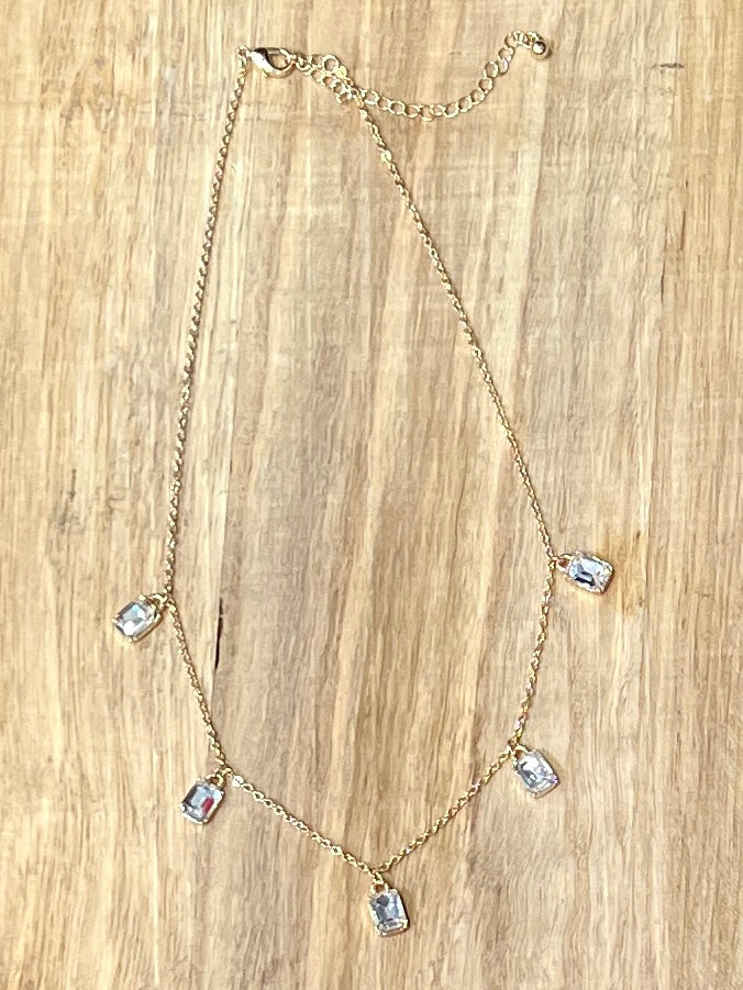 Clear Gemstone Charm Necklace in Gold