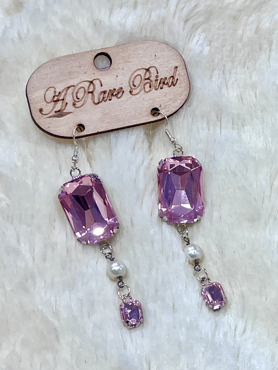 Pink Crystal Emerald Cut & Pearl Drop Earrings