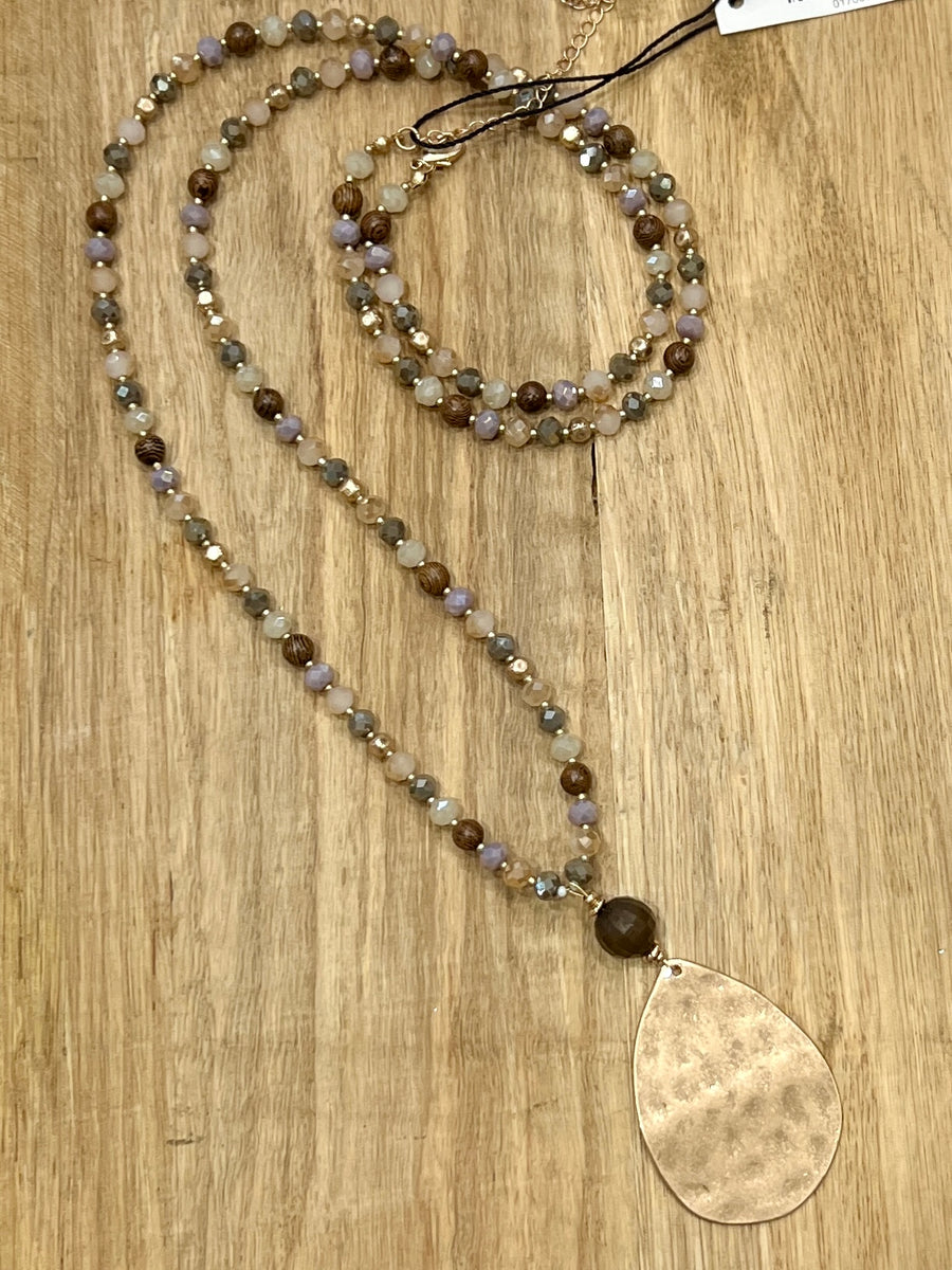 Long Beaded Hammered Gold Pendant Necklace