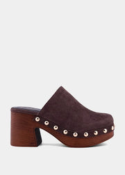 Geneva Brown Suede Stud Accent Heeled Clog by SHU SHOP