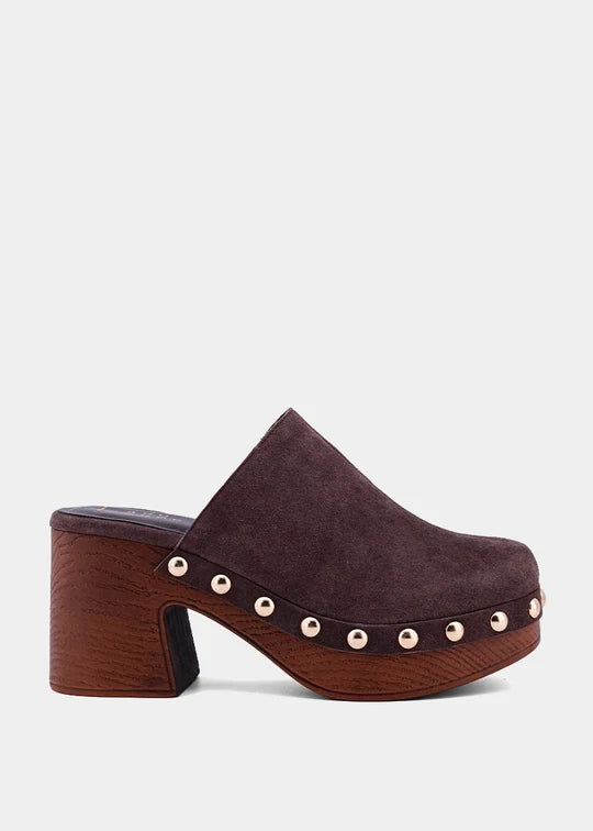 Geneva Brown Suede Stud Accent Heeled Clog by SHU SHOP
