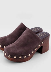 Geneva Brown Suede Stud Accent Heeled Clog by SHU SHOP