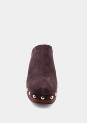 Geneva Brown Suede Stud Accent Heeled Clog by SHU SHOP