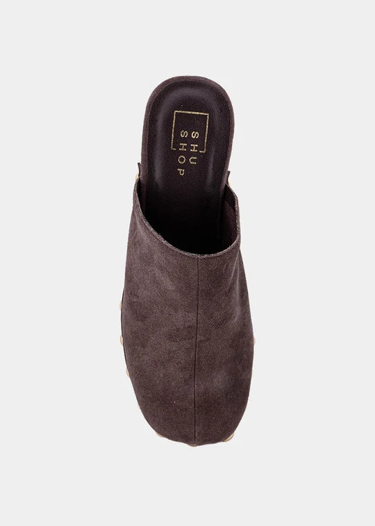 Geneva Brown Suede Stud Accent Heeled Clog by SHU SHOP