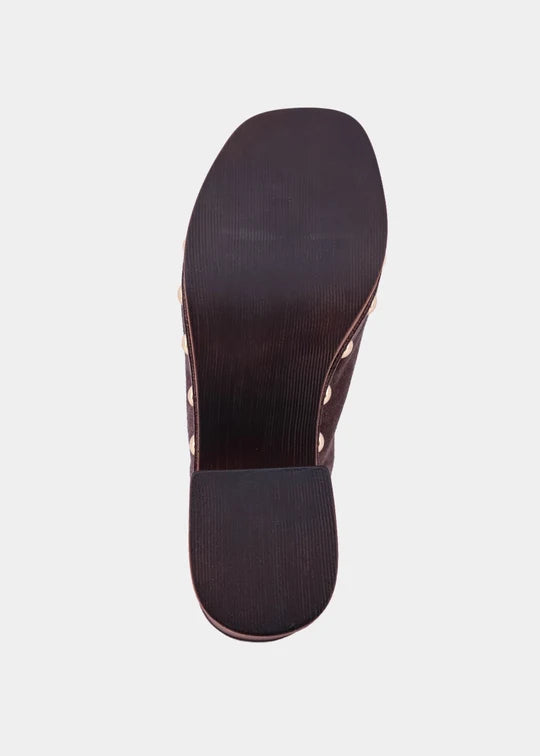 Geneva Brown Suede Stud Accent Heeled Clog by SHU SHOP