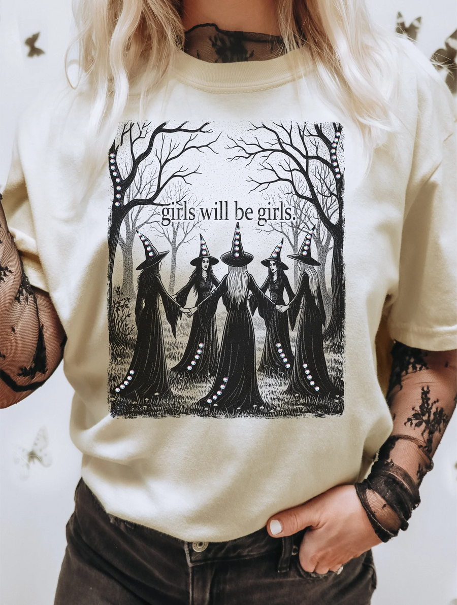 Girls Will Be Girls Witches Gathering Blinged Out Graphic Tee