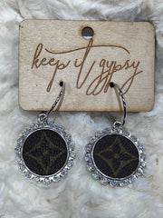 "Charming" Upcycled LV Bling Round Dangle Charm Hoop Earrings