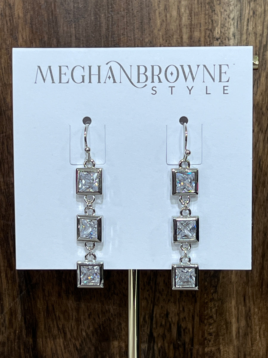 Meghan Browne Semi Silver Clear Three Stone Drop Earrings