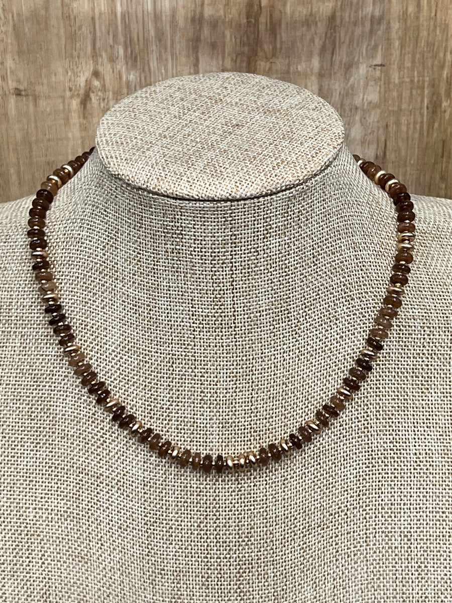 Brown Tourmaline with Gold Flat Beaded Necklace