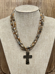 Gold Dipped Triple Strand Jasper Necklace with Cross Pendant