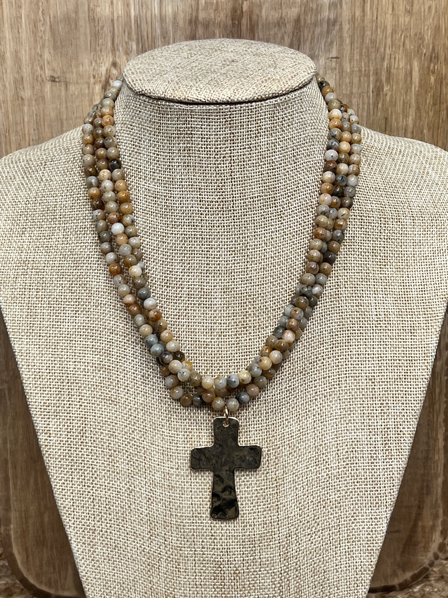 Gold Dipped Triple Strand Jasper Necklace with Cross Pendant