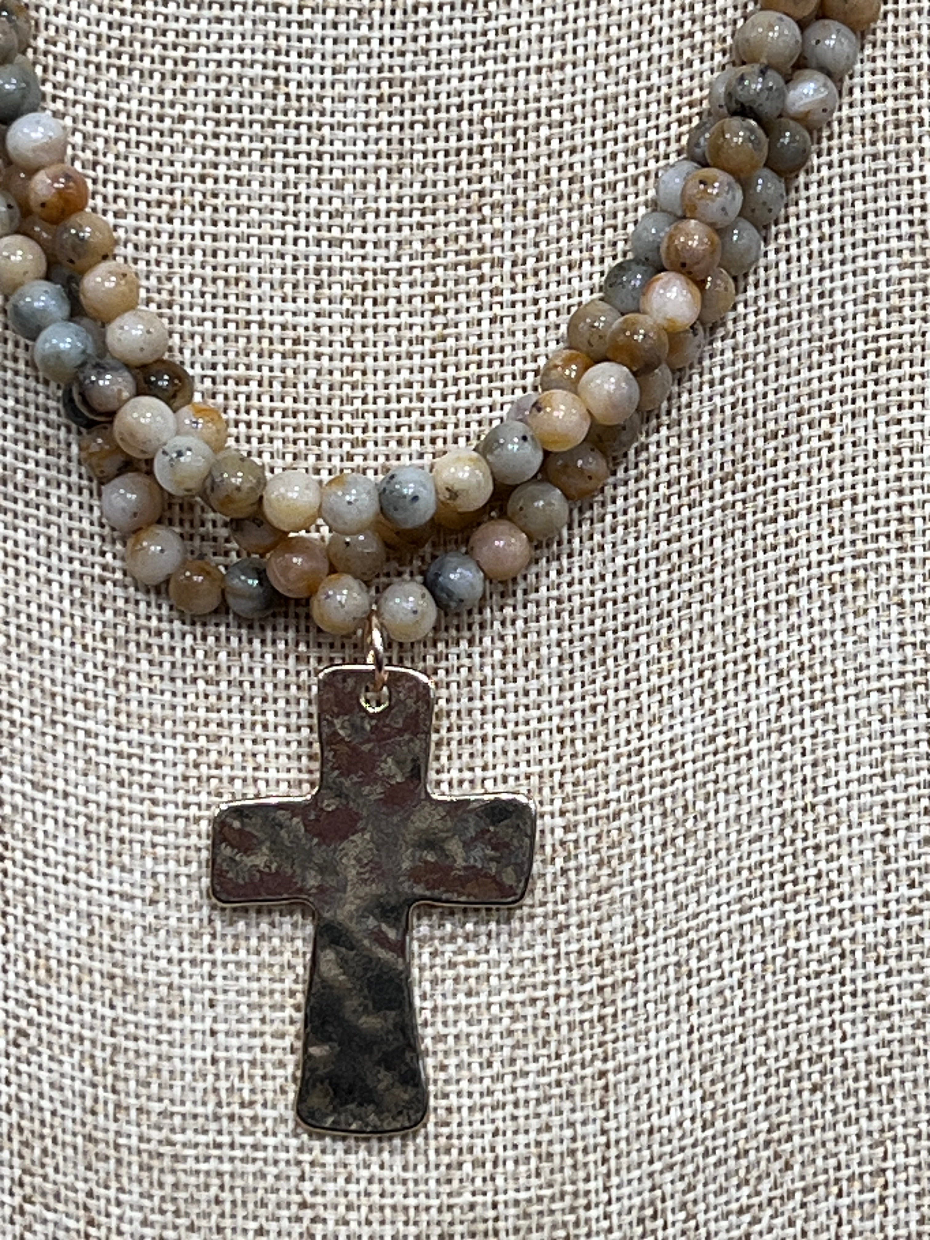 Gold Dipped Triple Strand Jasper Necklace with Cross Pendant