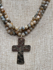 Gold Dipped Triple Strand Jasper Necklace with Cross Pendant