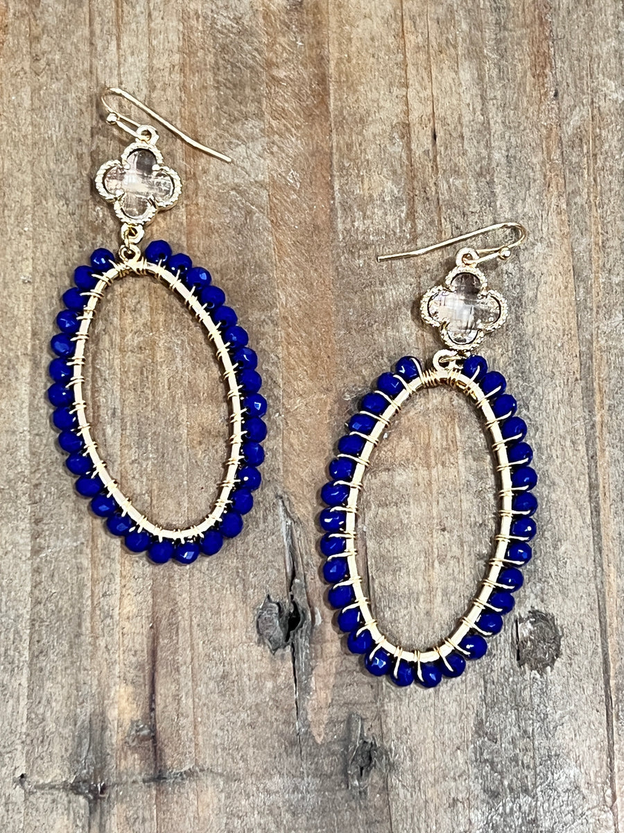 Sapphire Blue Crystal Beaded Oval Earrings