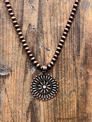 Iroquois Copper Medallion Faux Navajo Pearl Statement Necklace