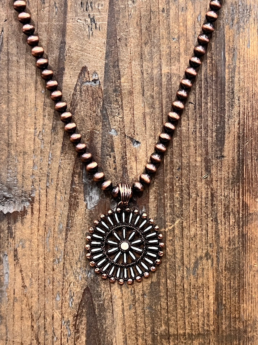 Iroquois Copper Medallion Faux Navajo Pearl Statement Necklace
