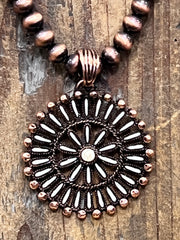 Iroquois Copper Medallion Faux Navajo Pearl Statement Necklace