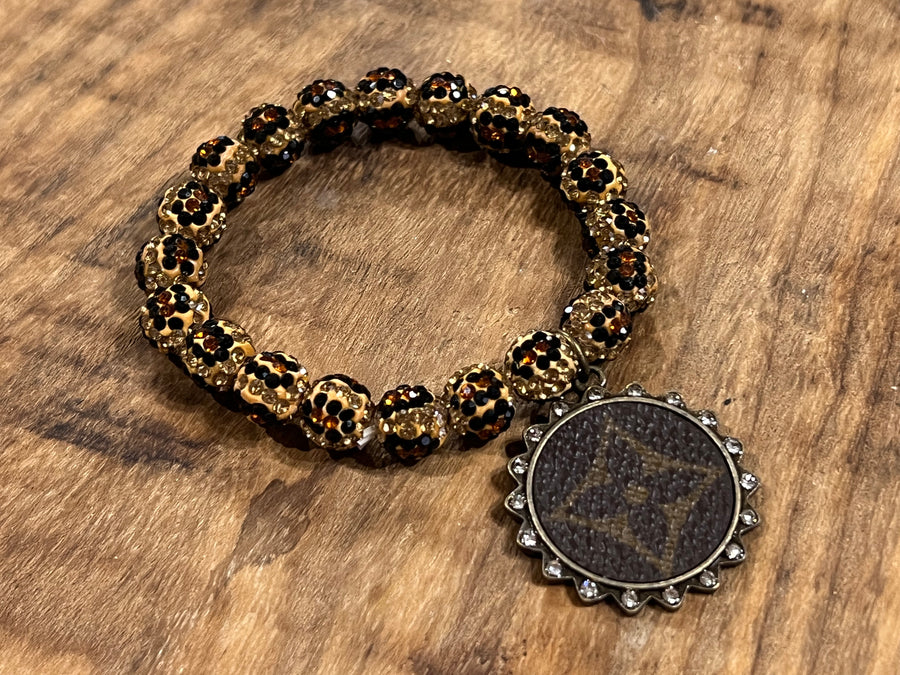 "Charming" Allover Crystals Leopard Bling Beaded Stretch Bracelet with Authentic LV Upcycled Charm