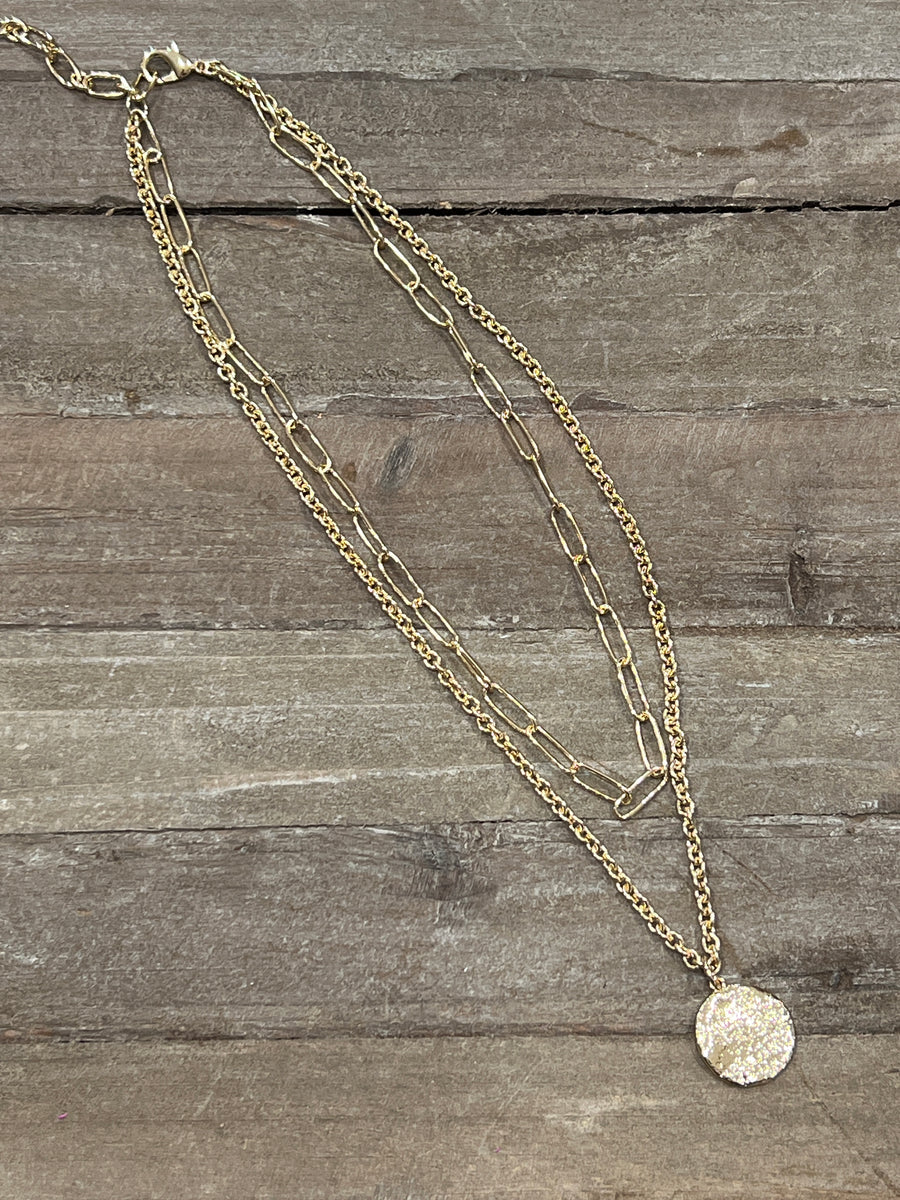 Layered Gold Chain Necklace with Hammered Disc Pendant