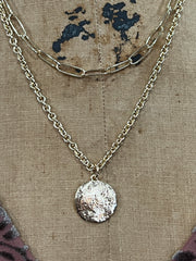 Layered Gold Chain Necklace with Hammered Disc Pendant