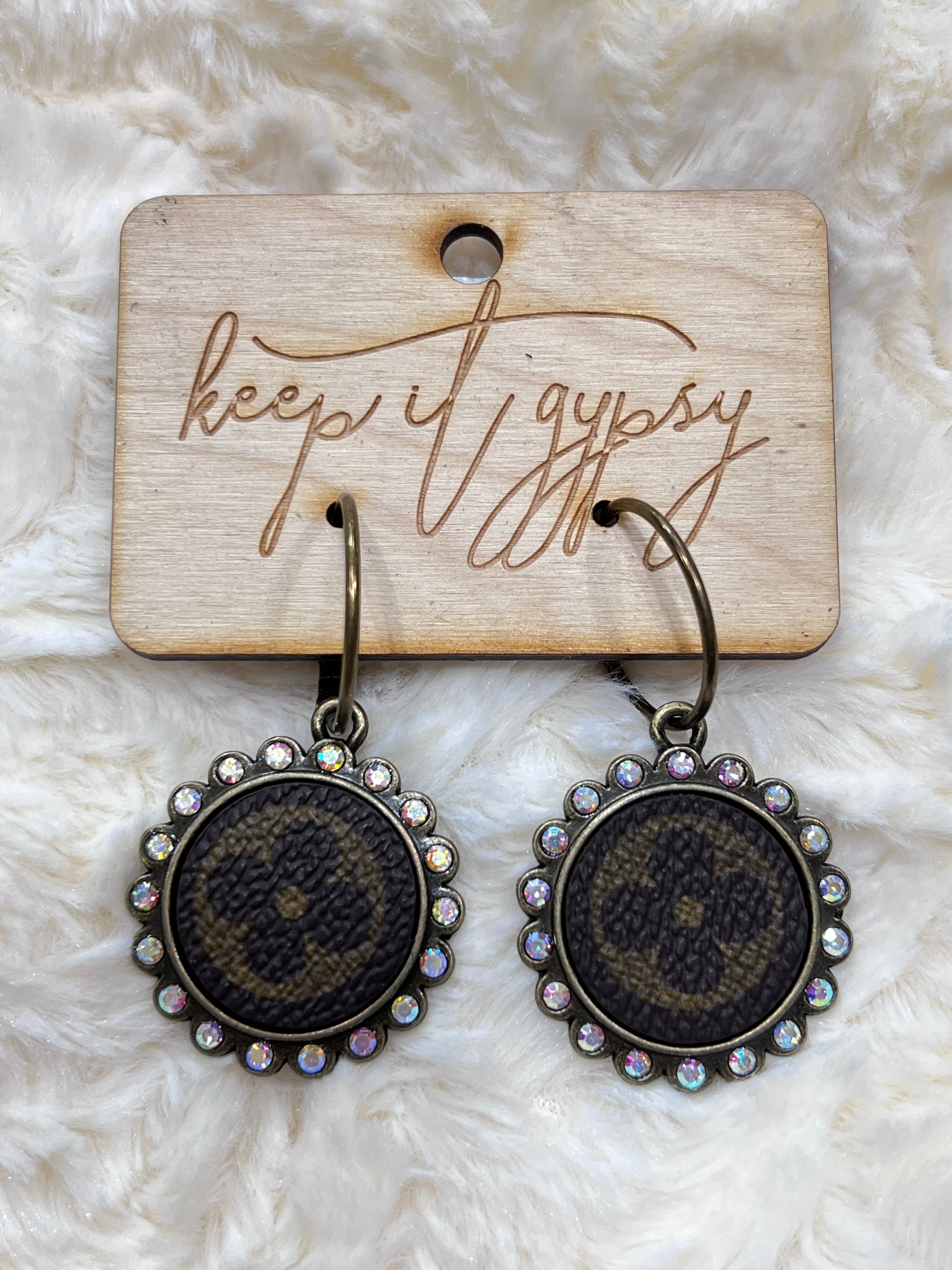 "Charming" Upcycled LV Bling Round Dangle Charm Hoop Earrings