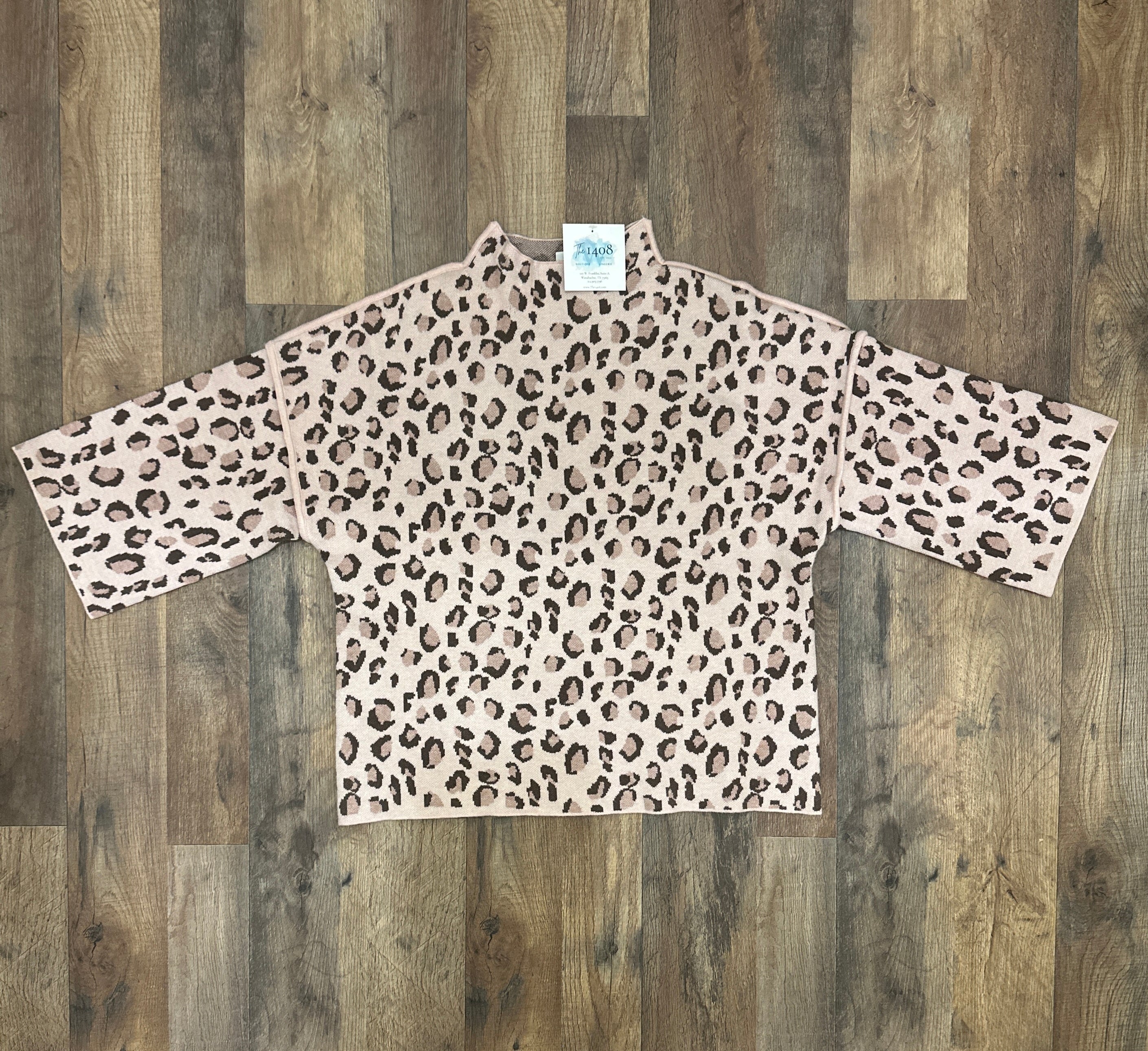 Rosy Leopard Pattern Mock Neck 3/4 Sleeve Sweater