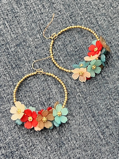 Beaded Circle Flower  Hoop Earrings