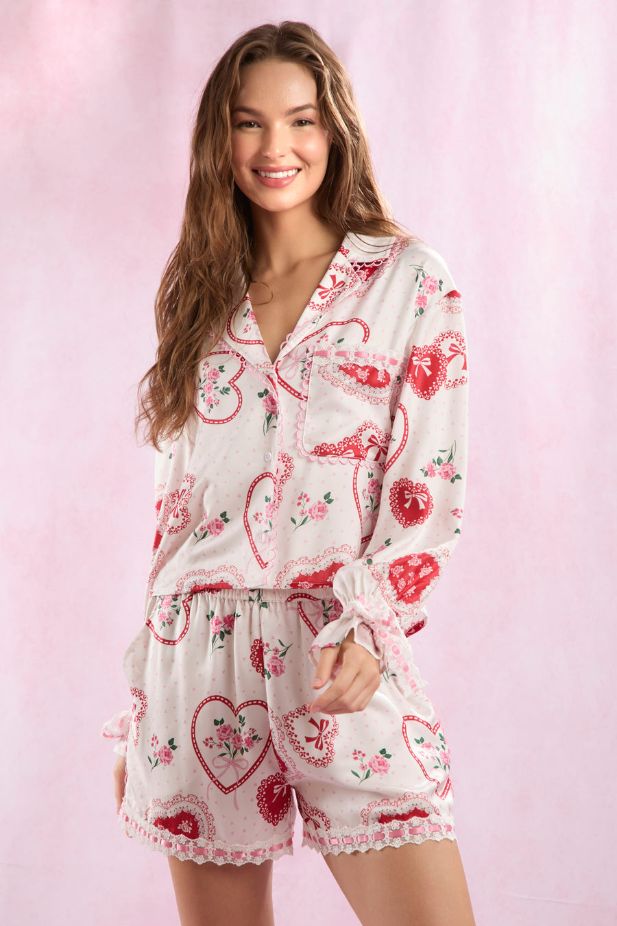 Satin Valentines Pajama Short Sets