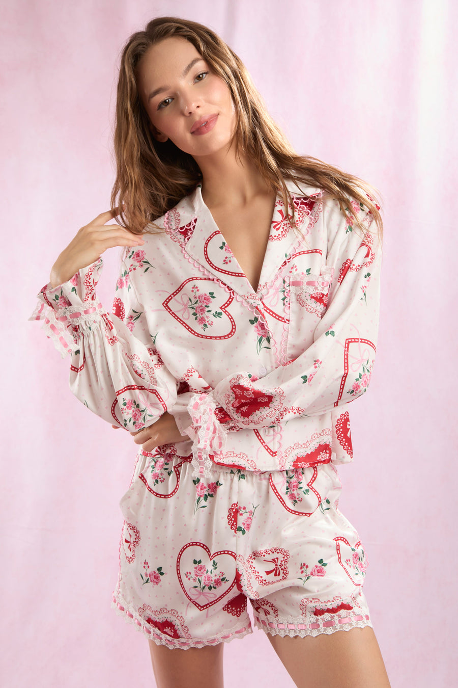 Satin Valentines Pajama Short Sets