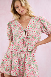 Floral Hearts N' Bows Print Cotton Gauze Pajama Shorts Set