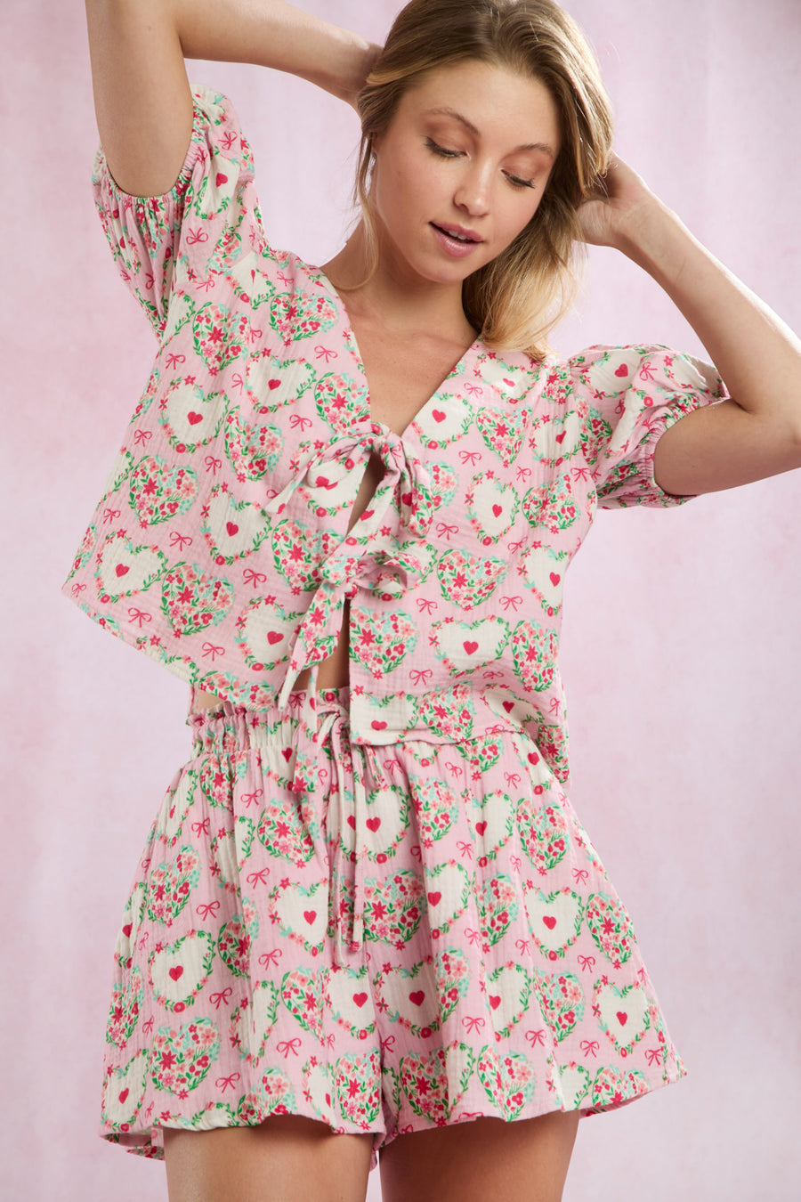 Floral Hearts N' Bows Print Cotton Gauze Pajama Shorts Set