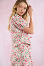 Floral Hearts N' Bows Print Cotton Gauze Pajama Shorts Set