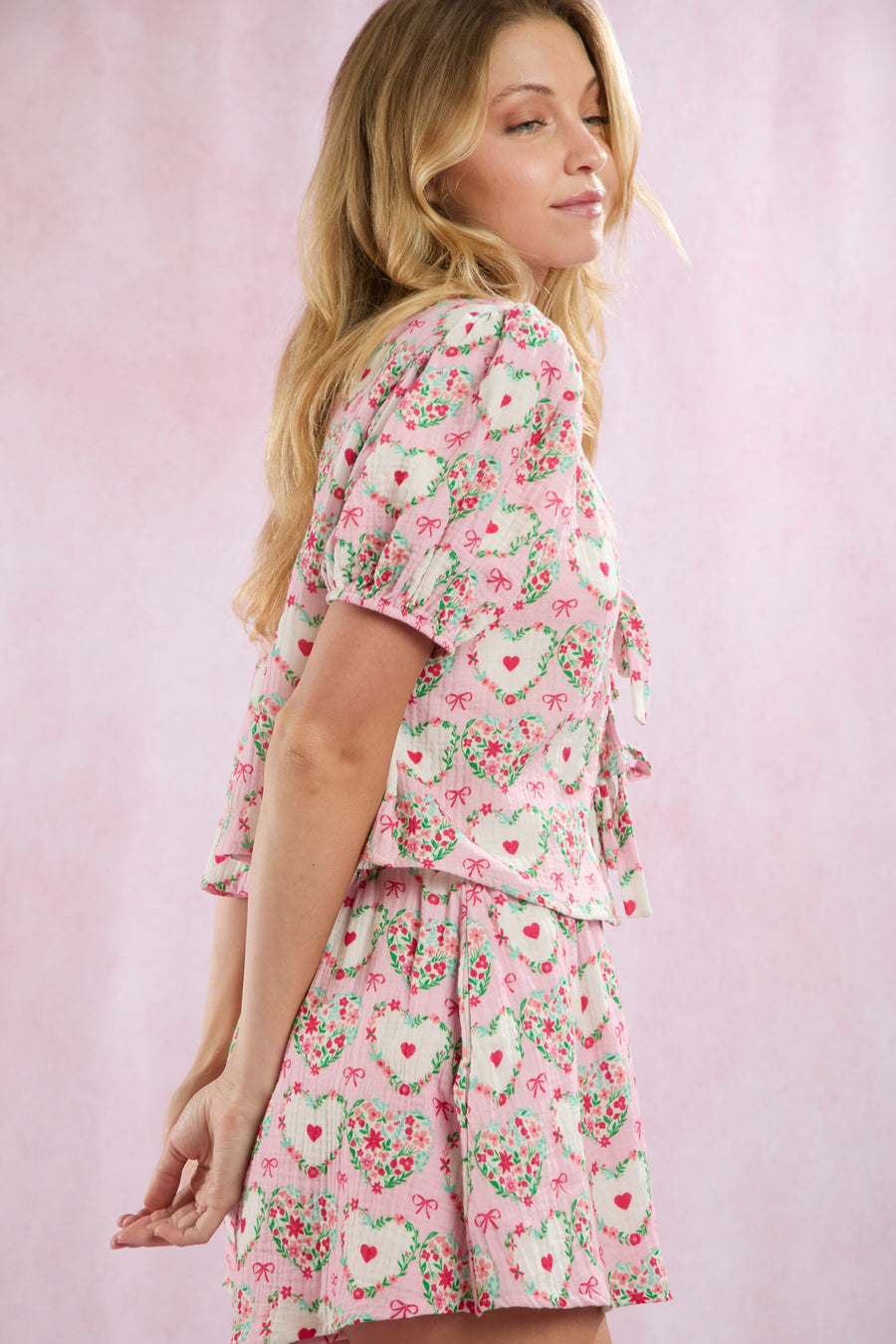 Floral Hearts N' Bows Print Cotton Gauze Pajama Shorts Set