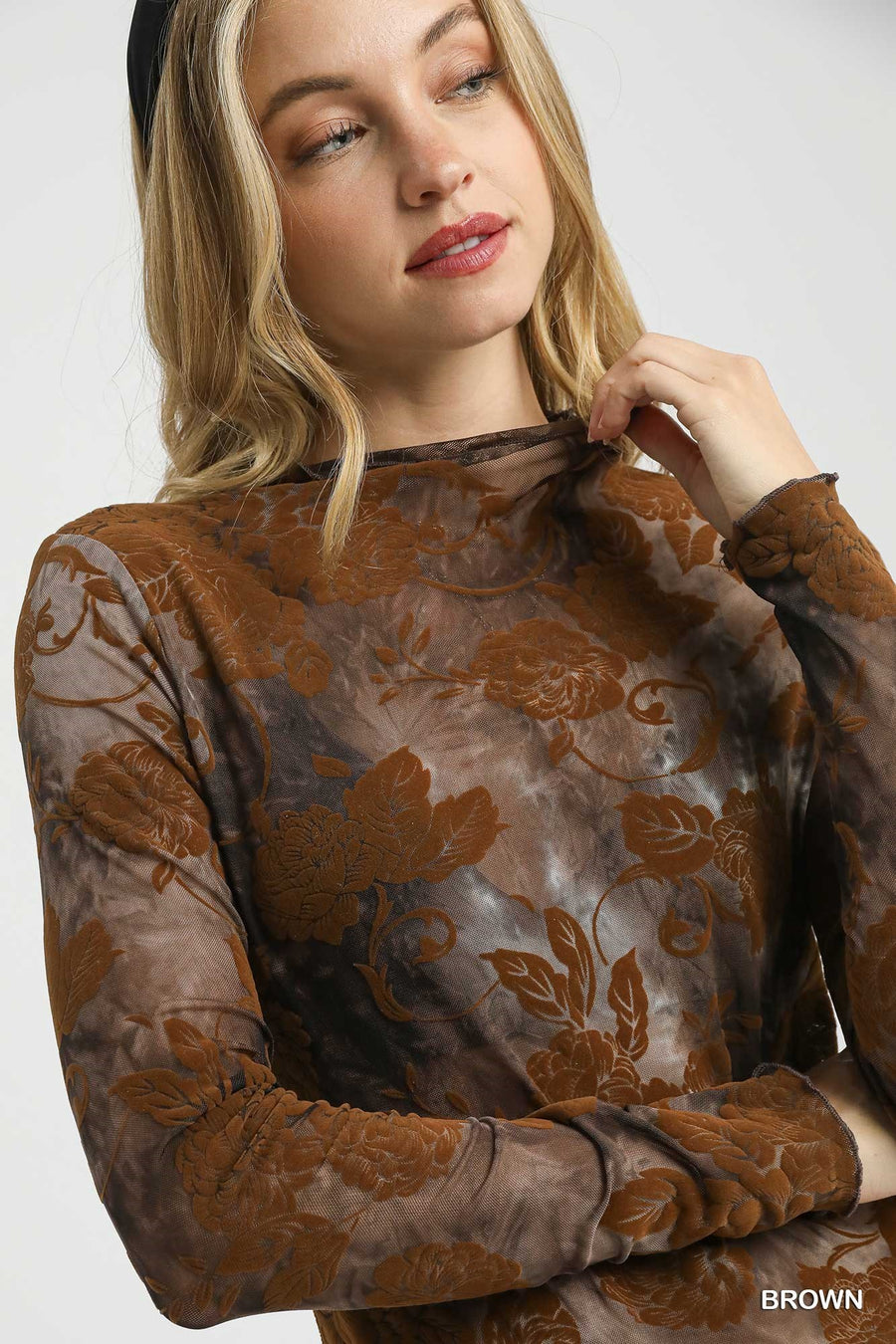 Damask Rose Burnout Velvet Mesh Mock Neck Top