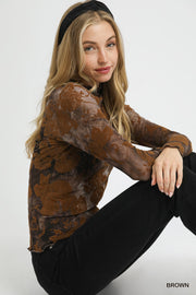 Damask Rose Burnout Velvet Mesh Mock Neck Top
