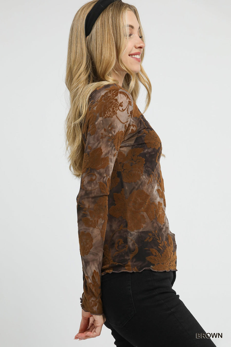 Damask Rose Burnout Velvet Mesh Mock Neck Top