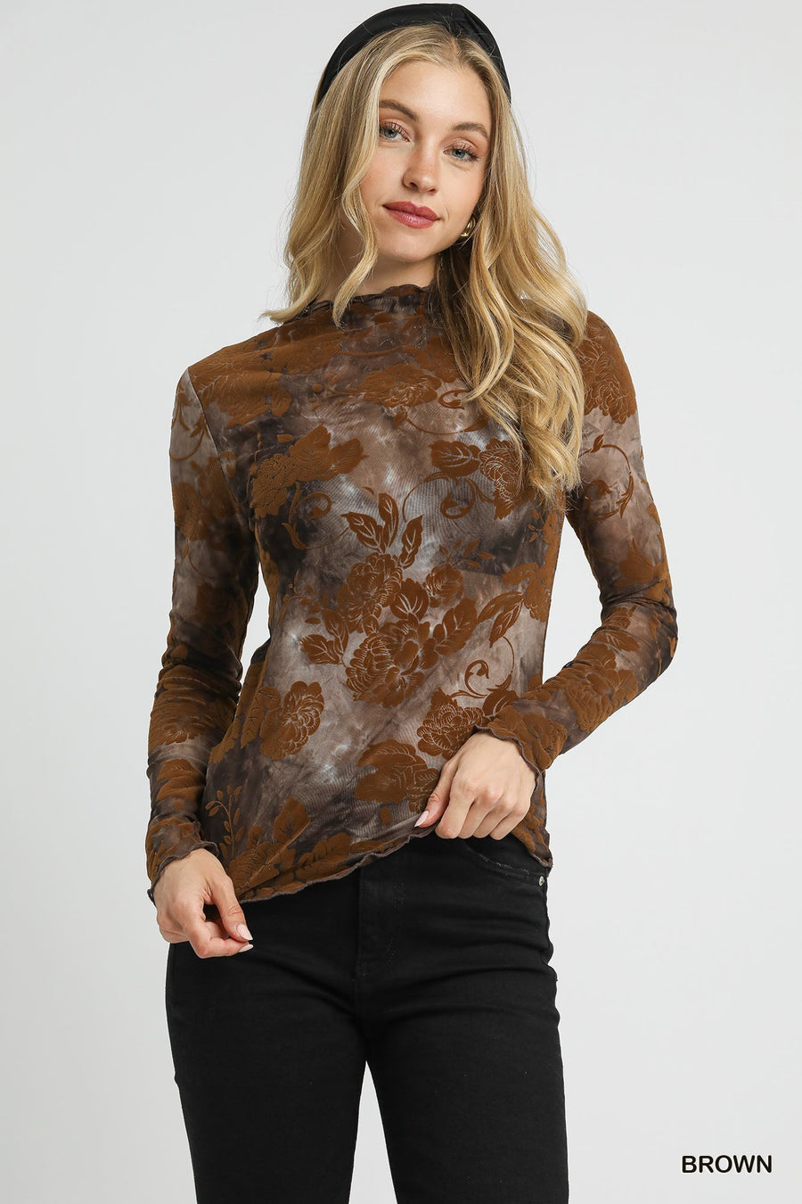 Damask Rose Burnout Velvet Mesh Mock Neck Top