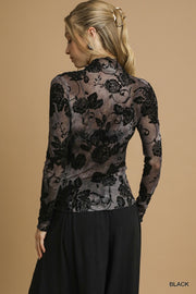 Damask Rose Burnout Velvet Mesh Mock Neck Top