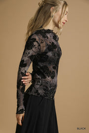 Damask Rose Burnout Velvet Mesh Mock Neck Top