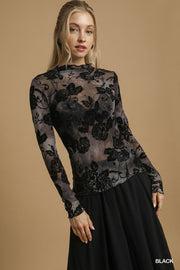 Damask Rose Burnout Velvet Mesh Mock Neck Top