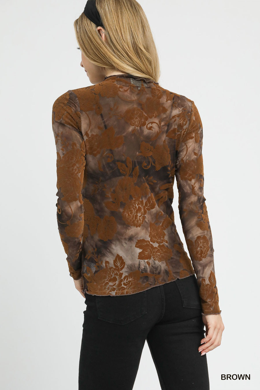 Damask Rose Burnout Velvet Mesh Mock Neck Top