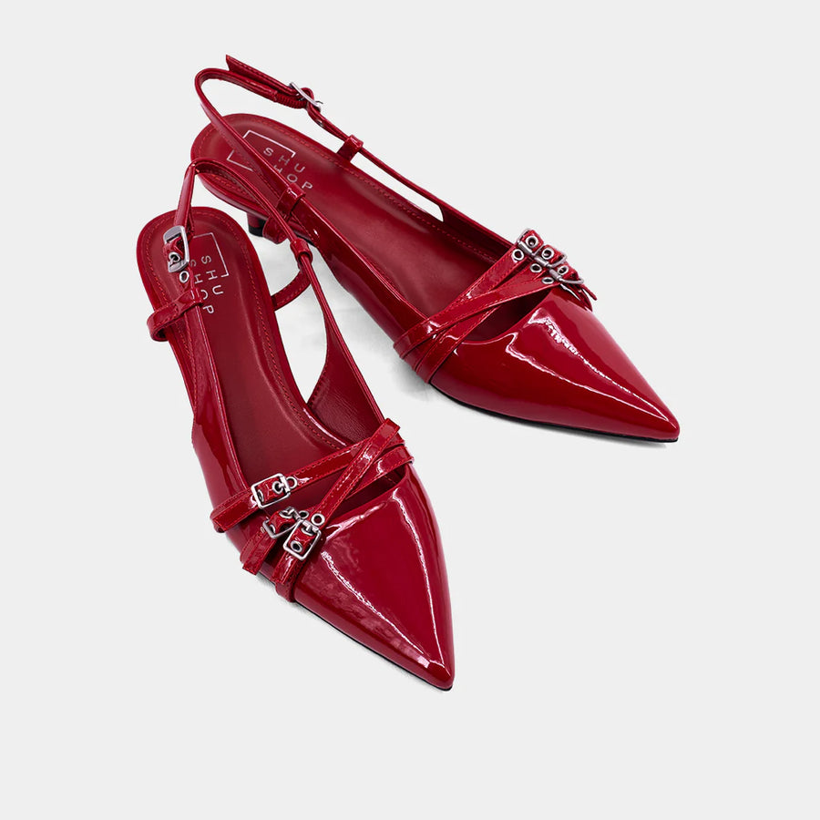 NADJA - Red Patent - Pointed Toe Kitten Heel Slingback Shoe