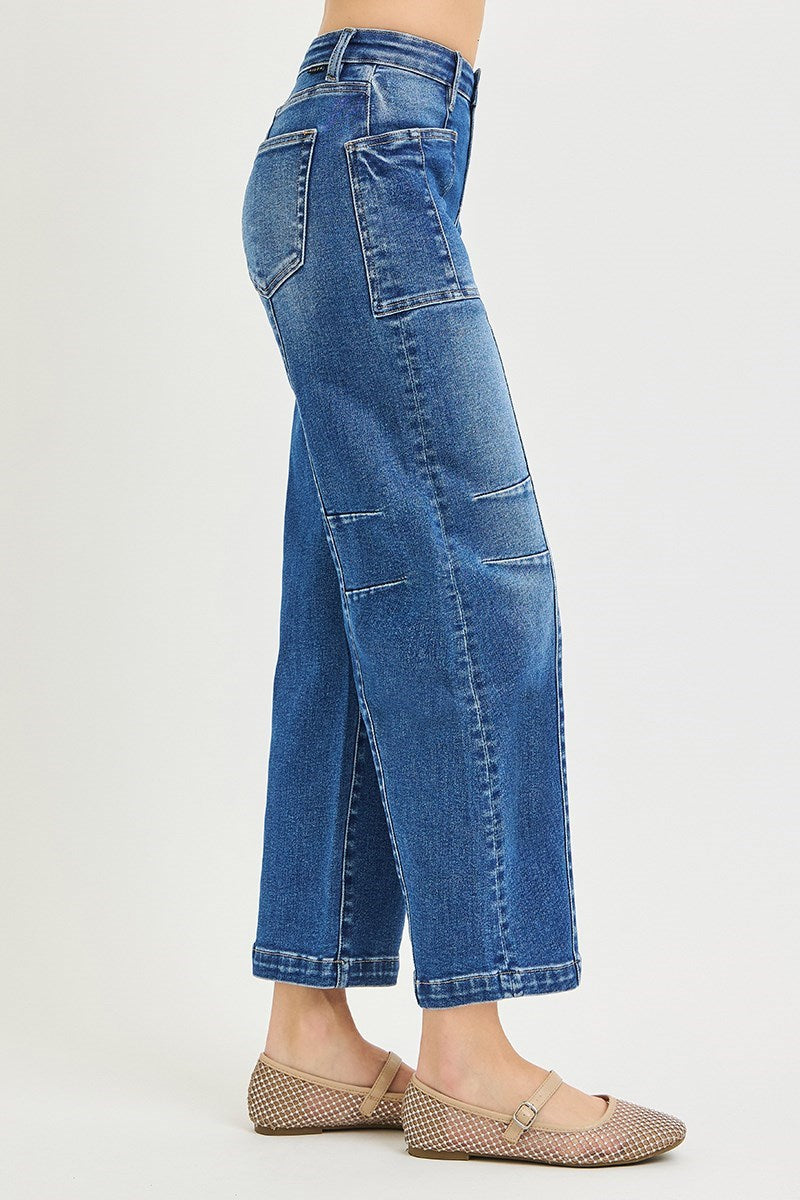 Rowdy Mid Rise Patch Pocket Ankle Barrel Jeans